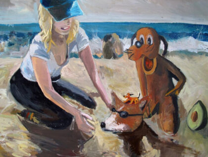 Pluto sorprendido viendo a minipluto en la cabeza de un corgi